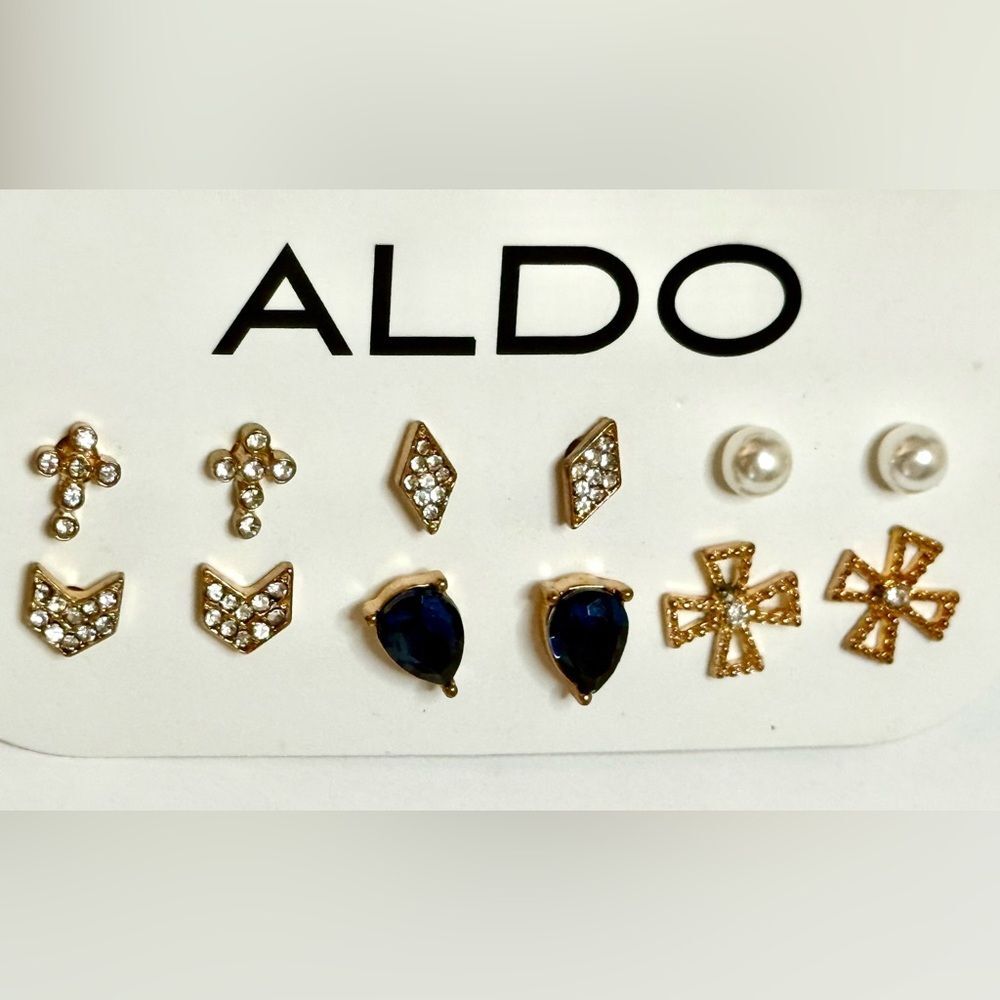 Aldo Gold Color, Pearl, Cross and Blue Earring Set, 6 pairs